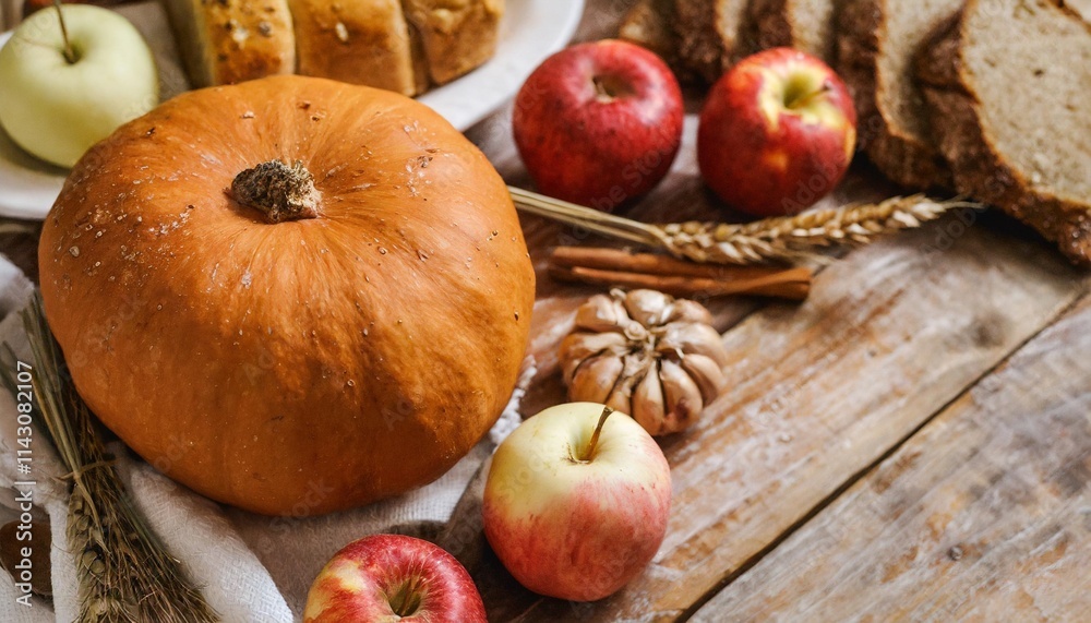 Autumn Harvest Table with Pumpkins, Apples, Fresh Bread, and Rustic Decorations Autumn Harvest Table with Pumpkins, Apples, Fresh Bread, and Rustic Decorations