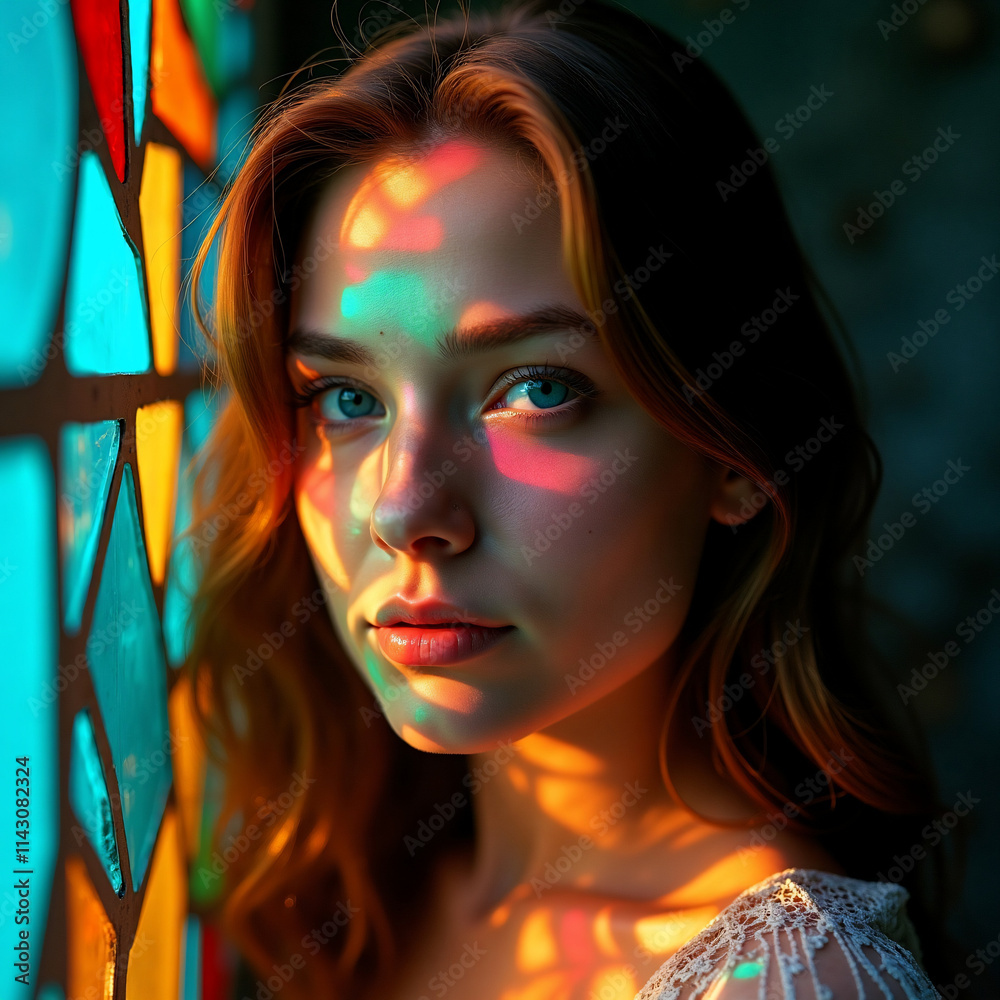 Obraz premium A fractured reflection of a woman in vibrant stained glass portrays the concept of innocence lost and eventual restoration. The girl's delicate features are evident through the broken pieces, highligh