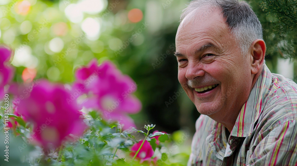 A senior man gardening in his backyard, surrounded by vibrant blooming flowers, wearing a content smile as he enjoys tending to his plants. A senior man gardening in his backyard, surrounded by vibrant blooming flowers, wearing a content smile as he enjoys tending to his plants.