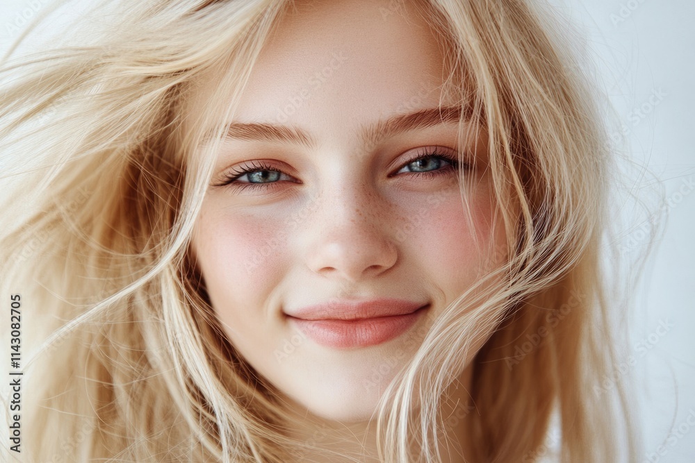 Radiant Portrait of a Joyful Young Blonde Teen Girl with a Bright Smile Against a Soft Background Radiant Portrait of a Joyful Young Blonde Teen Girl with a Bright Smile Against a Soft Background