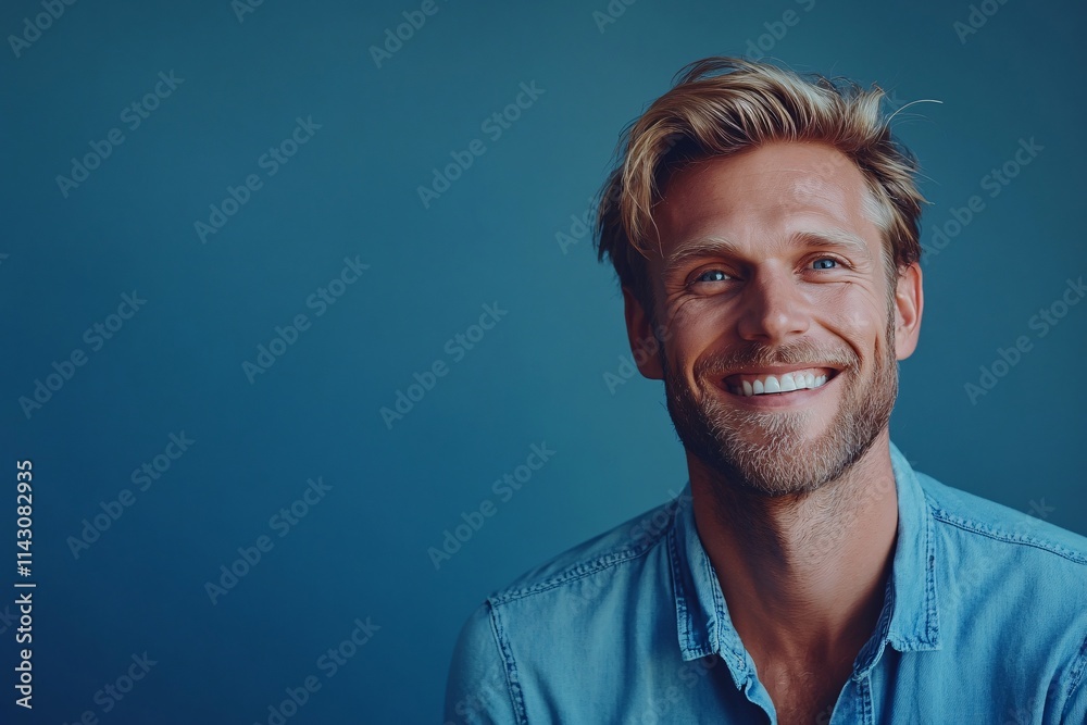 A tall, lean man in his late 30s smiling at the camera with blond hair and a beard, standing in an empty blue void, soft lighting illuminating his expressive, happy face in a relaxed pose 2 A tall, lean man in his late 30s smiling at the camera with blond hair and a beard, standing in an empty blue void, soft lighting illuminating his expressive, happy face in a relaxed pose 2