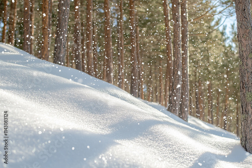 Winter snow scene background with falling snowflakes, pine trees, snowy hills, and tranquil nature scenery for seasonal designs, Christmas cards, festive posters, winter promotions, and holiday