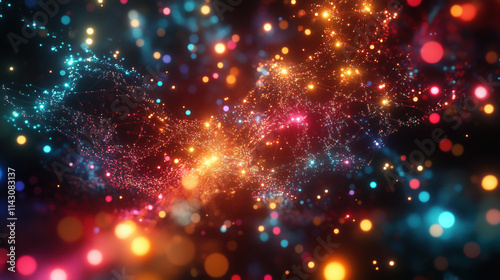 Complex and Vibrant Digital Mesh with Interconnected Nodes and Glowing Particles: Visualizing Neural Networks, Cloud Computing, and Blockchain Technology - Abstract Background Wallpaper