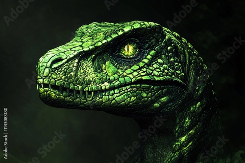 A self-portrait of a highly intelligent green TYREX, looking distinguished, with glowing eyes, fierce expression, and detailed scales 4