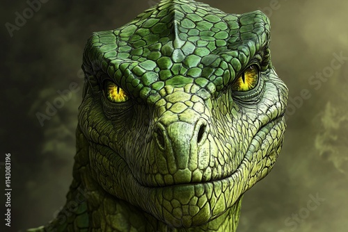 A self-portrait of a highly intelligent green TYREX, looking distinguished, with glowing eyes, fierce expression, and detailed scales 6
