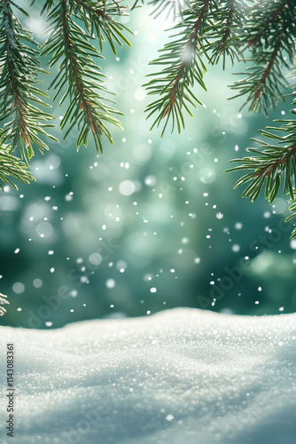 Winter snow scene background with falling snowflakes, pine trees, snowy hills, and tranquil nature scenery for seasonal designs, Christmas cards, festive posters, winter promotions, and holiday