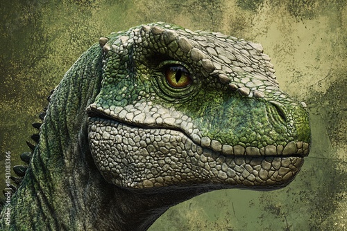 A self-portrait of a distinguished green TYREX, showing its intelligence through its focused expression and detailed, textured skin 4
