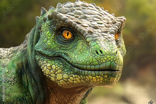 A self-portrait of a distinguished green TYREX, showing its intelligence through its focused expression and detailed, textured skin 1