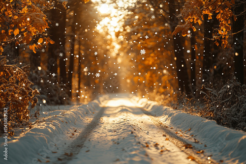 Winter snow scene background with falling snowflakes, pine trees, snowy hills, and tranquil nature scenery for seasonal designs, Christmas cards, festive posters, winter promotions, and holiday