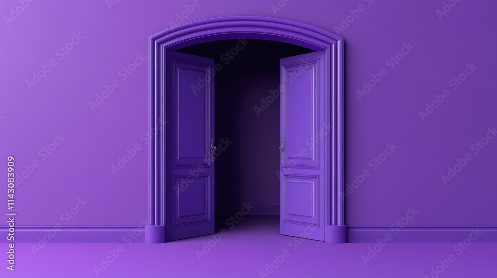 Three-Dimensional Double Door: Open Entrance to a White Space on a Lavandula Background Three-Dimensional Double Door: Open Entrance to a White Space on a Lavandula Background