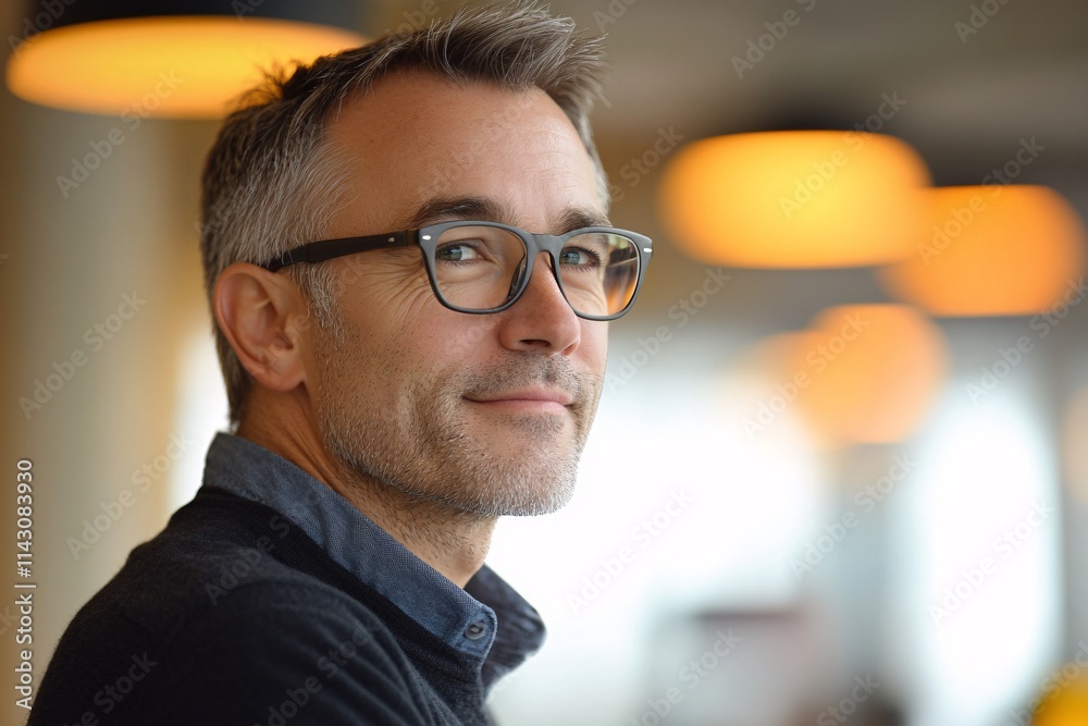 A male manager with glasses, profile view, relaxed and smiling, modern office environment with bright lighting 5 A male manager with glasses, profile view, relaxed and smiling, modern office environment with bright lighting 5