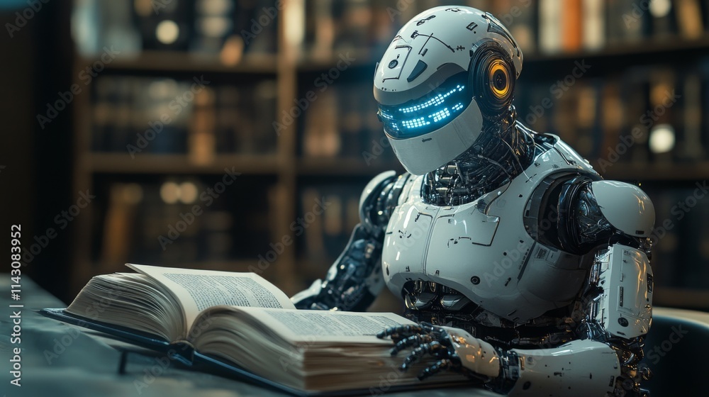 Close-up of a futuristic humanoid robot reading a book in a sci-fi setting Close-up of a futuristic humanoid robot reading a book in a sci-fi setting