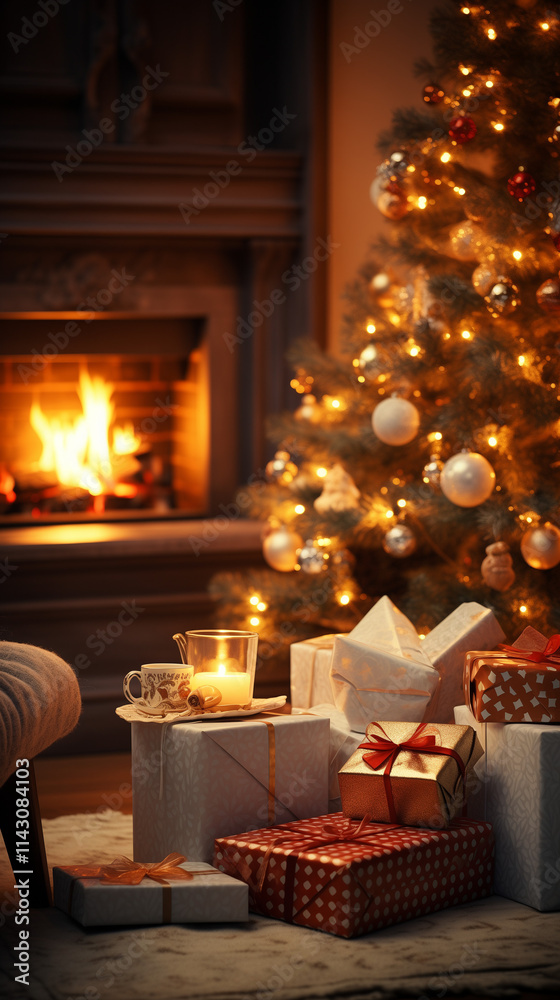 Christmas living room decorated with a glowing Christmas tree, stockings on the fireplace Christmas living room decorated with a glowing Christmas tree, stockings on the fireplace