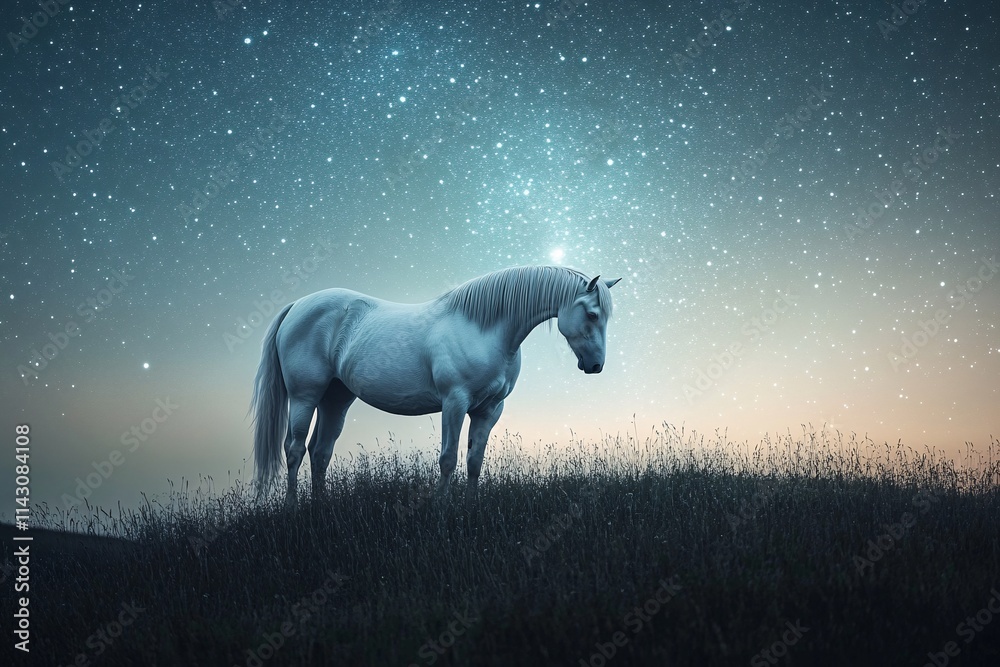 A majestic white horse standing on a grassy hill under a star-filled sky, stars cascading like delicate threads, soft glowing light, surreal atmosphere, medium-wide angle 5 A majestic white horse standing on a grassy hill under a star-filled sky, stars cascading like delicate threads, soft glowing light, surreal atmosphere, medium-wide angle 5