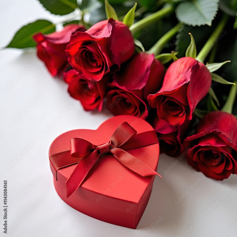The image shows a bouquet of red roses with a red heart-shaped gift box lying beside them, both on a white surface. The image shows a bouquet of red roses with a red heart-shaped gift box lying beside them, both on a white surface.