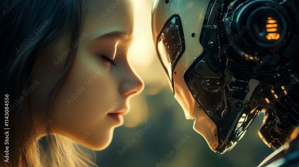 Close-up of a woman and a humanoid robot in emotional connection Close-up of a woman and a humanoid robot in emotional connection