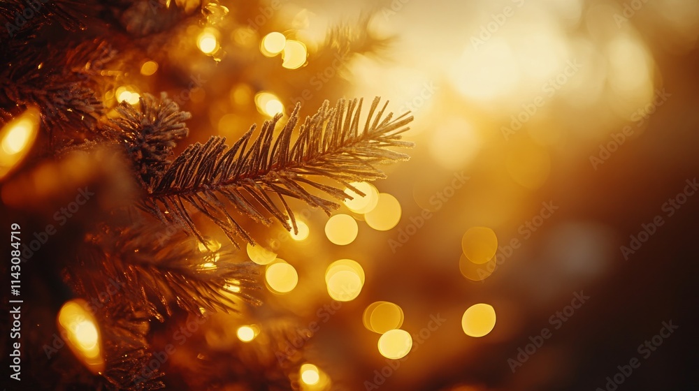 Fototapeta premium Snow-dusted Christmas tree branch with glowing golden lights