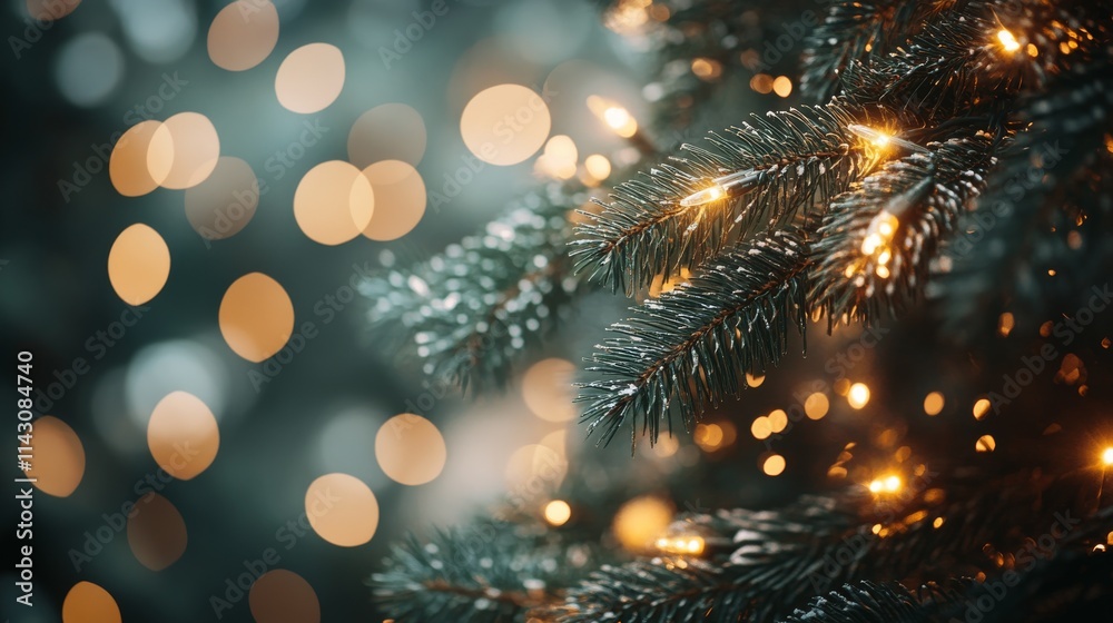Close-up of Christmas tree branches with glowing lights Close-up of Christmas tree branches with glowing lights