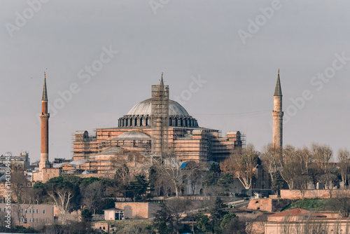 Minarets of Hagia Sophia under restoration. A historic landmark preserving its timeless beauty.
