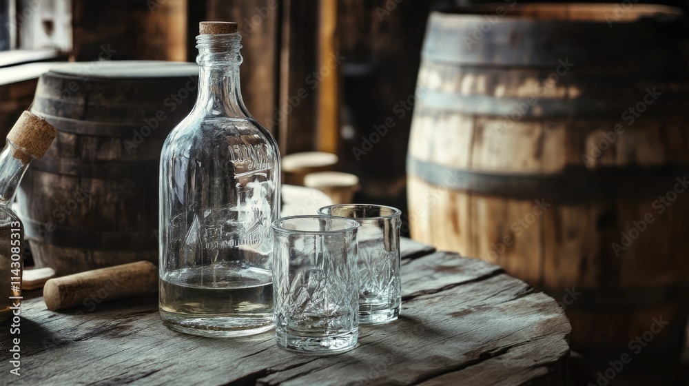 Traditional Moonshine Crafting: Rustic Bottles and Glasses on a Weathered Table Traditional Moonshine Crafting: Rustic Bottles and Glasses on a Weathered Table