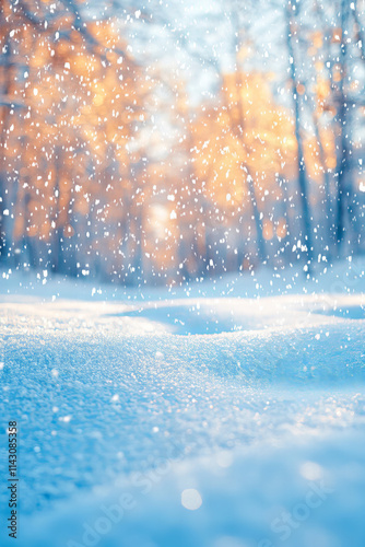 Winter snow scene background with falling snowflakes, pine trees, snowy hills, and tranquil nature scenery for seasonal designs, Christmas cards, festive posters, winter promotions, and holiday