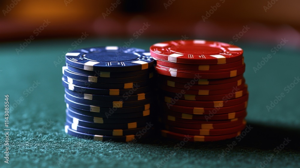 Close-up of poker chips stacked in vibrant colors on felt table, creating a sense of anticipation and excitement.