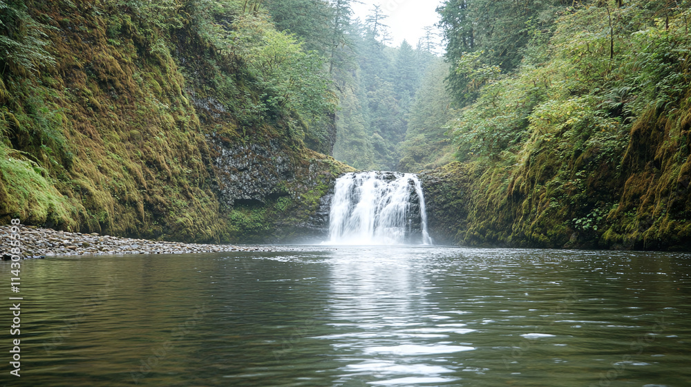 Fototapeta premium Mossy canyon waterfall, lush forest stream, cascading river through rocks, serene wilderness greenery landscape, misty nature cascade, scenic mountain water flow.