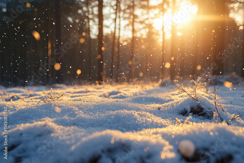 Winter snow scene background with falling snowflakes, pine trees, snowy hills, and tranquil nature scenery for seasonal designs, Christmas cards, festive posters, winter promotions, and holiday