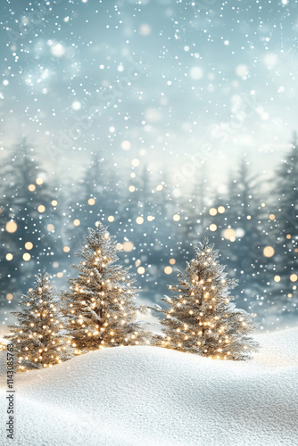 Winter snow scene background with falling snowflakes, pine trees, snowy hills, and tranquil nature scenery for seasonal designs, Christmas cards, festive posters, winter promotions, and holiday