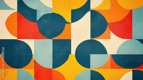 Retro geometric wallpaper with decoration shapes, repetition pattern in vintage and style, colorful abstract design for seamless tiling, trendy mid century modern aesthetic.