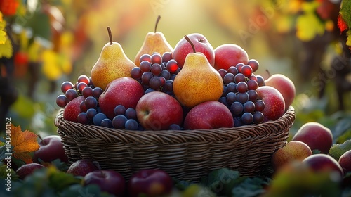 Colorful autumn fruits in a wicker basket amongst fall foliage. photo