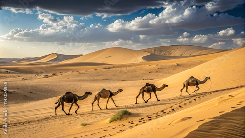 Wild Camels Walking Across the Dunes