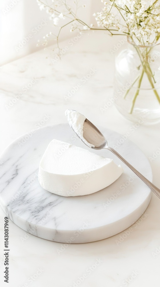 Fresh and creamy dry yogurt on marble surface with elegant floral decor