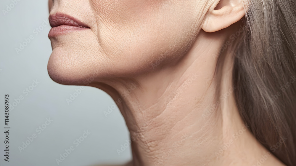 Obraz premium Close-up before and after comparison of mature woman's neck and lower face showing skin tightening and anti-aging results -