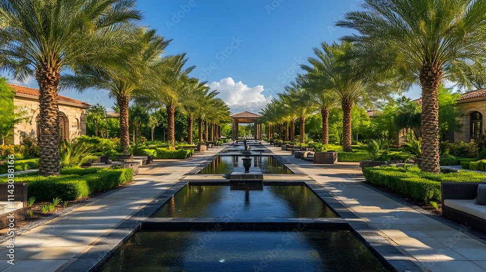 Dubai Oasis Park with palm gardens and reflecting pools, luxurious desert escape Dubai Oasis Park with palm gardens and reflecting pools, luxurious desert escape