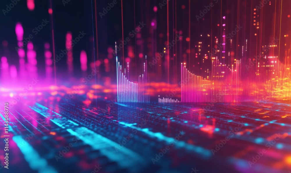 Digital sound wave visualization, vibrant colors, abstract patterns, glowing lines, data representation, futuristic design Digital sound wave visualization, vibrant colors, abstract patterns, glowing lines, data representation, futuristic design