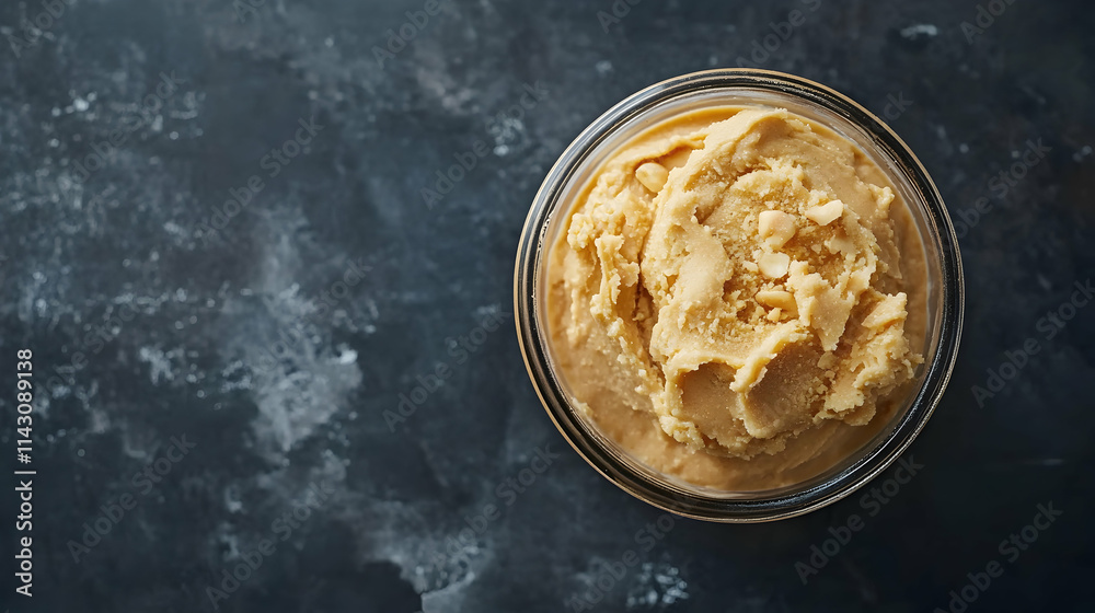 Creamy peanut butter in a jar with peanuts on a dark background - Creamy peanut butter in a jar with peanuts on a dark background -