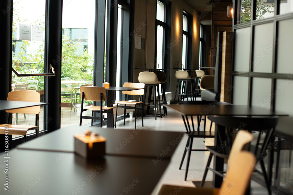 Cozy wooden restaurant interior, copy room. Comfortable modern dining room, modern background design Cozy wooden restaurant interior, copy room. Comfortable modern dining room, modern background design