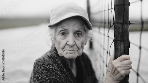 Elderly woman gripping weathered fence post, standing waist-deep in flooding street during heavy rainfall photo