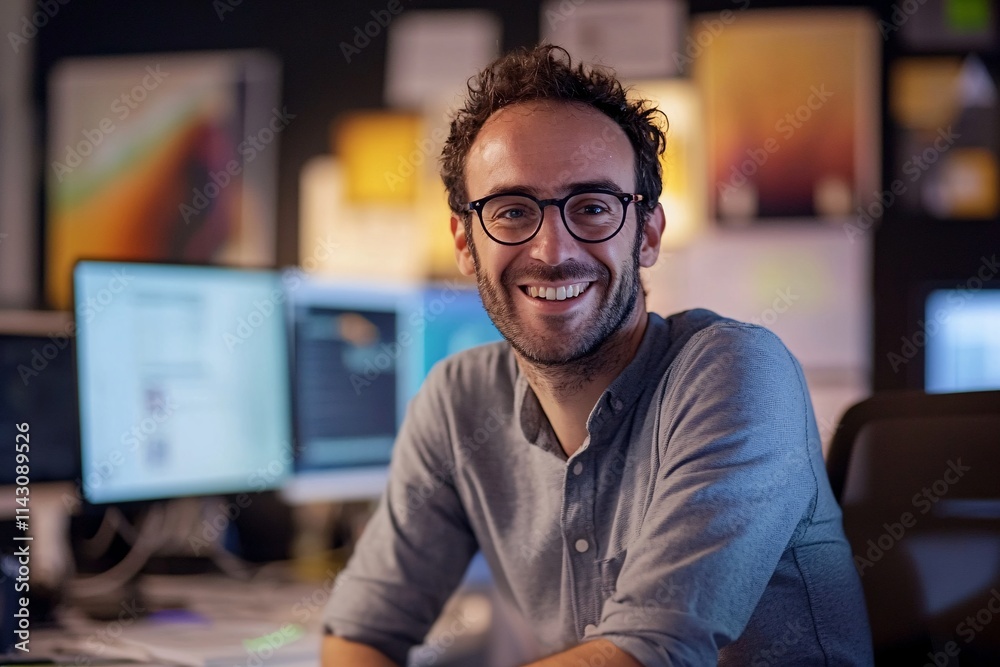Obraz premium Confident man in a startup office, smiling while discussing a new project with colleagues, surrounded by tech-related posters and a vibrant, innovative atmosphere 6