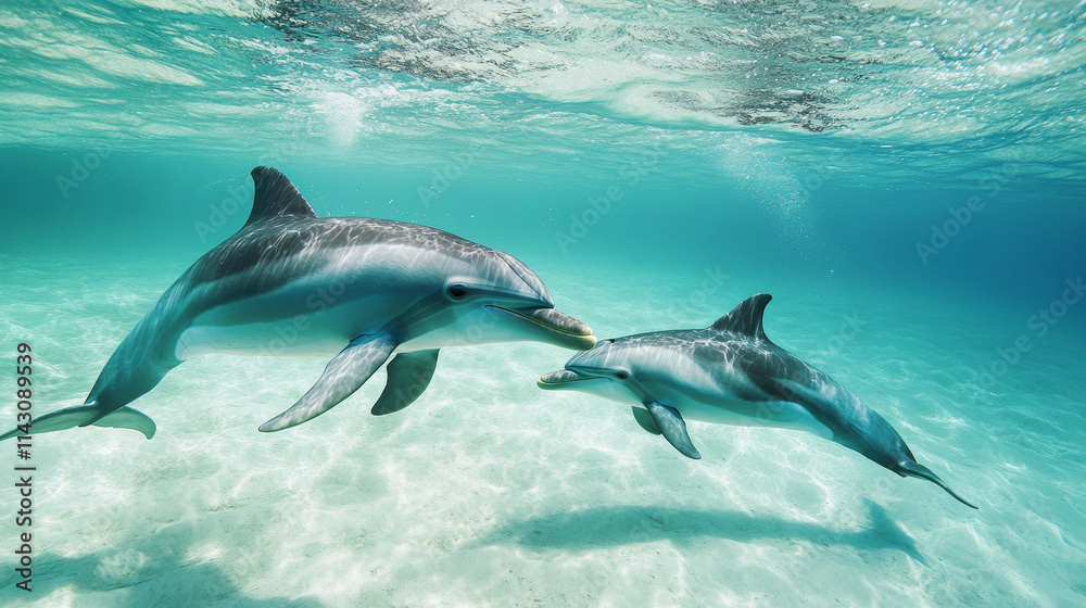 Naklejka premium Mother dolphin swimming gracefully alongside her playful calf in the shallow, turquoise waters, embodying the beauty of marine life