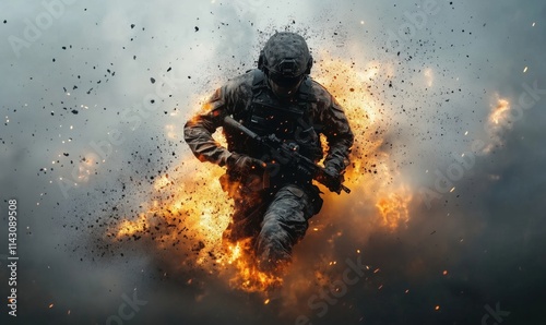 Soldier running through explosion, intense action scene, military combat, smoke and fire, dynamic movement, tactical gear, dramatic lighting