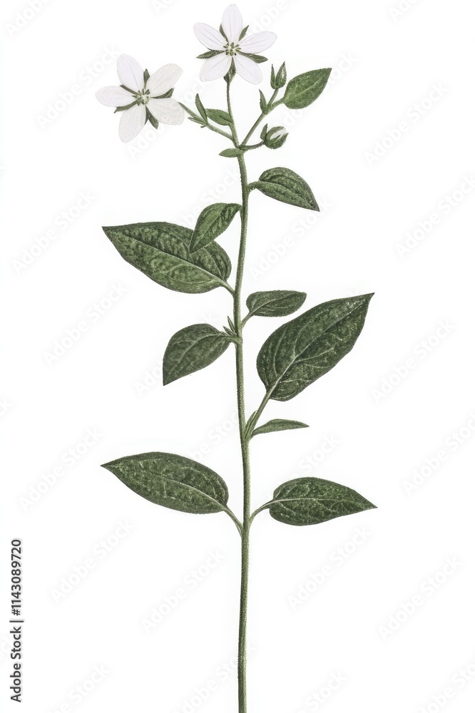 A detailed botanical illustration showcases a delicate white flower plant, featuring intricate leaves and tender blooms on a stark white background merging art and nature. A detailed botanical illustration showcases a delicate white flower plant, featuring intricate leaves and tender blooms on a stark white background merging art and nature.
