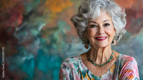 elegant senior woman dressed for a special occasion smiling confidently portrait with colored backdrop  -