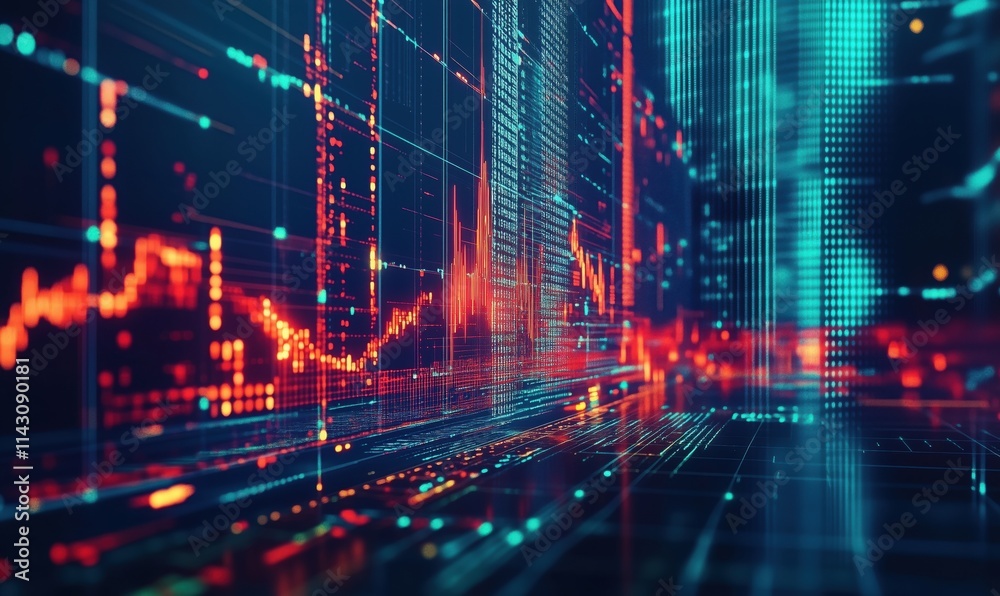 Digital data visualization, abstract representation of financial market trends, glowing lines, vibrant colors, futuristic technology Digital data visualization, abstract representation of financial market trends, glowing lines, vibrant colors, futuristic technology