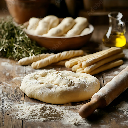 An inviting kitchen scene showcasing DeIorios dough products including freshly rolled pizza dough and artisan breadsticks arranged beautifully on a wooden counterto