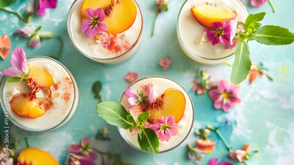 Glasses of yogurt topped with peach slices and edible flowers on a bright table - Glasses of yogurt topped with peach slices and edible flowers on a bright table -