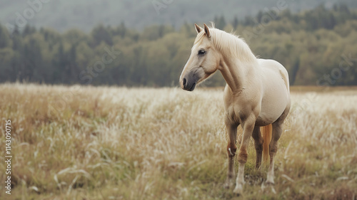 Full-length portrait of a light-colored horse standing in a field, looking right, centered, minimalist composition