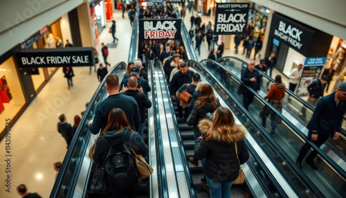 Shoppers rush on escalators in packed mall during Black Friday. Many people going up on escalators. Black Friday sales banners visible in mall interior. Busy shopping scene. Lots of people walking