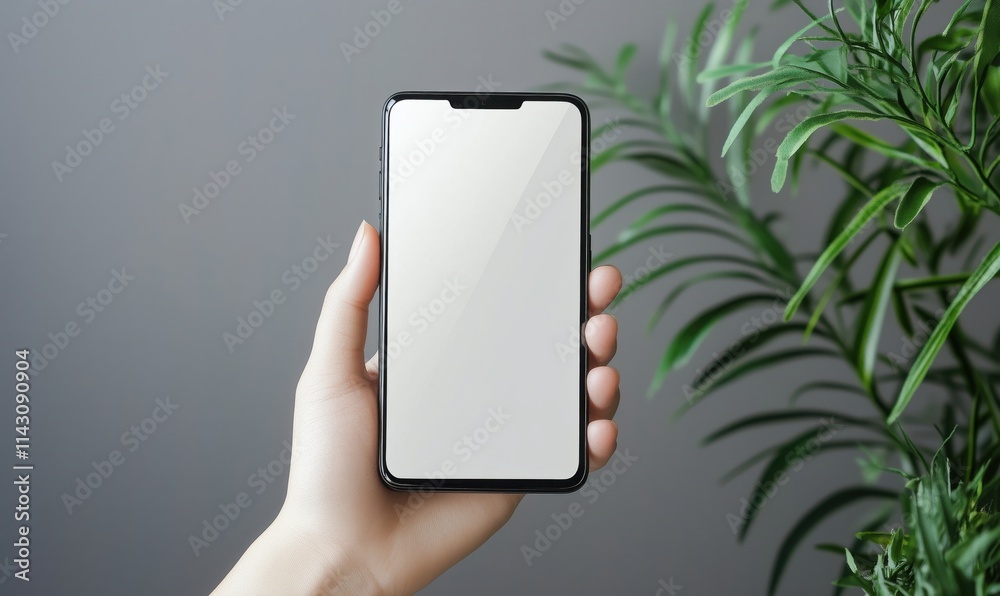 Smartphone held in hand, blank screen, indoor setting, greenery in background Smartphone held in hand, blank screen, indoor setting, greenery in background